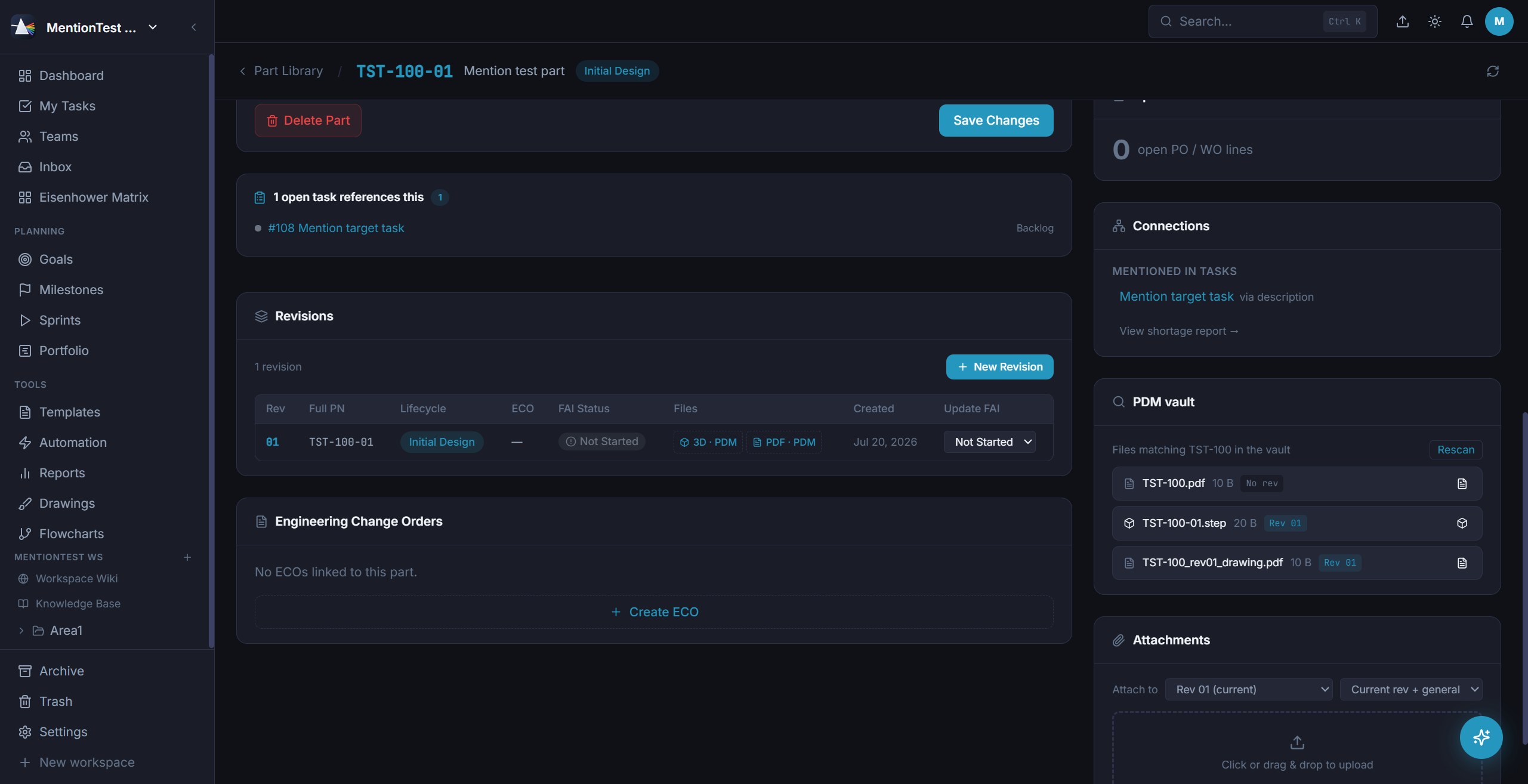 Prism part detail page showing revisions, ECOs, PDM vault matches and linked tasks